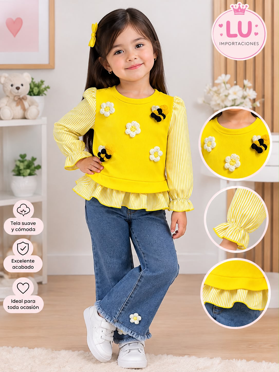 Conjunto de niña en amarillo con flores y pantalón denim, referencia de nuestro estilo